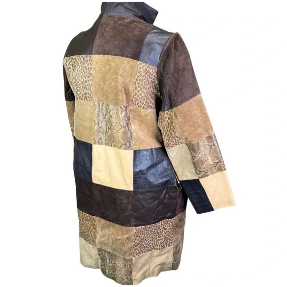 Via Accenti Vtg Patchwork Leather Animal Print Coat Brown Tan Sz 16W / 18W Y2K - Picture 4 of 6